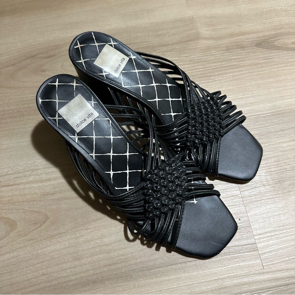 Dolce Vita Black Delana Woven Leather Sandals 7.5 Block Heel - Picture 2 of 12